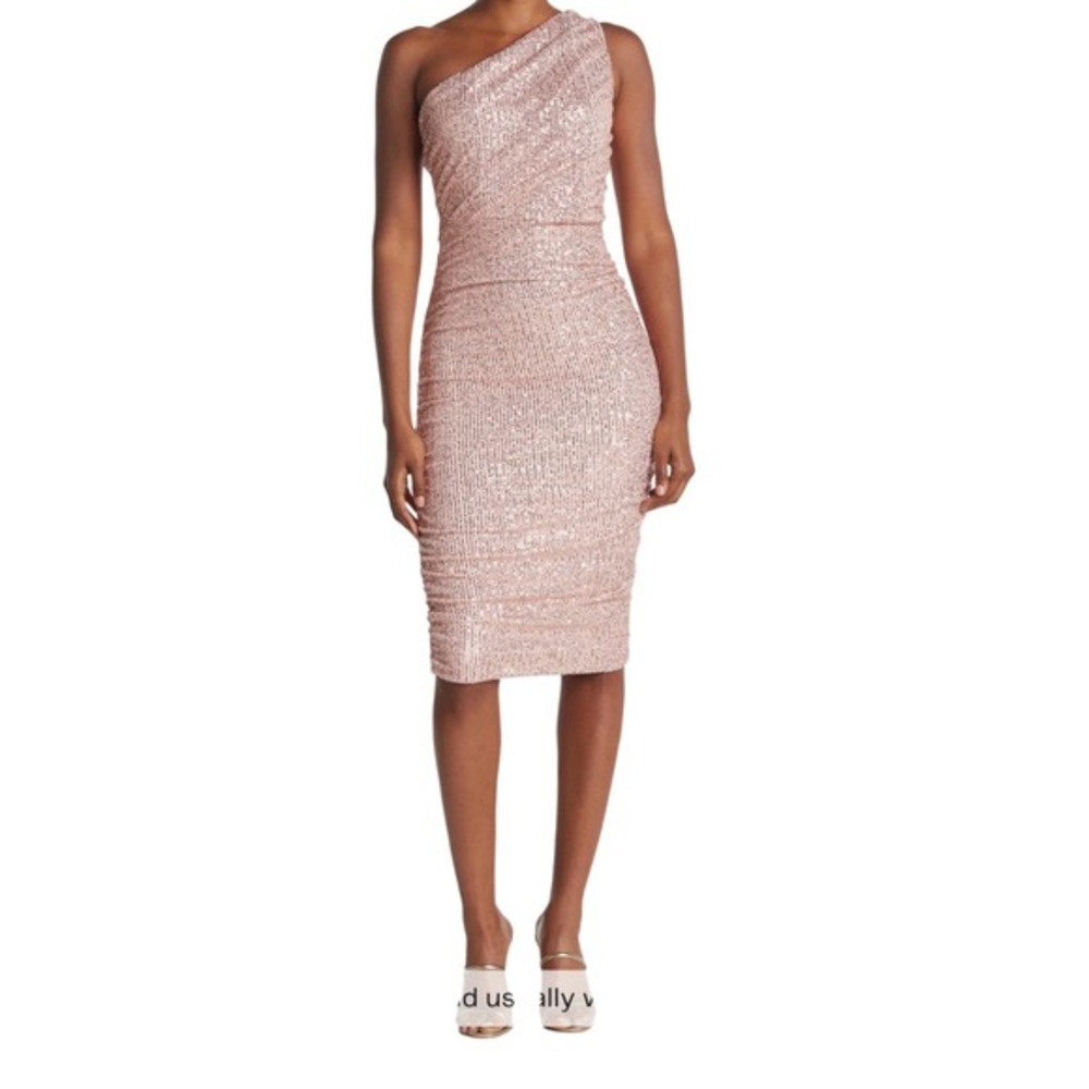 LOVE X DESIGN Pink Sequin One‎ Shoulder Ruched Midi Dress Formal Party NWT Prom